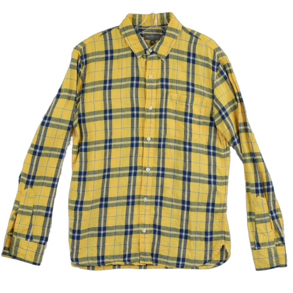 L.L. Bean Signature 100% Linen Shirt Men's‎ Size Medium Yellow Blue Plaid
